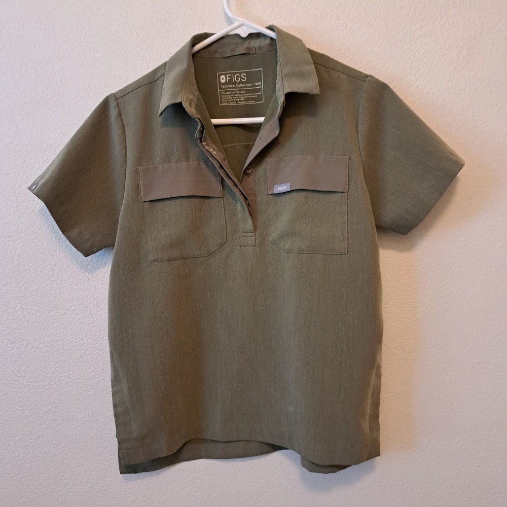 FIGS Technical Collection Scrub Top Olive Green XXS Short Sleeve Collared Pocket